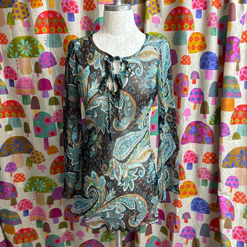 Body & Soul Sheer Tie front Long Sleeve Blouse. Medium